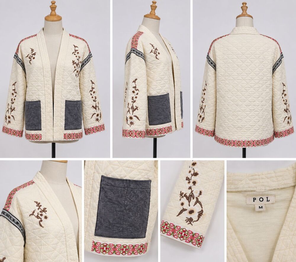 POL Adeline Womens M Cream Quilted Floral Embroidered Boho Jacket Oversized